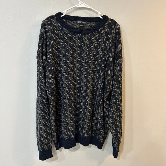 Jantzen Navy Blue Tan Pattern Long Sleeve Mens Crewneck Sweater Size XXL Tall - Picture 1 of 3